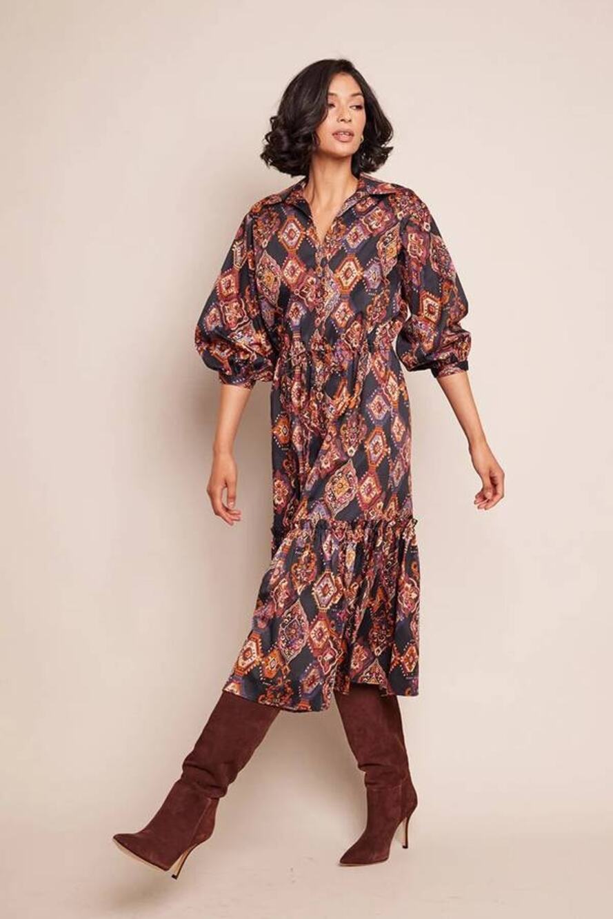 Cara Cara Hutton Print Midi Shirt Dress in Black Aura XS